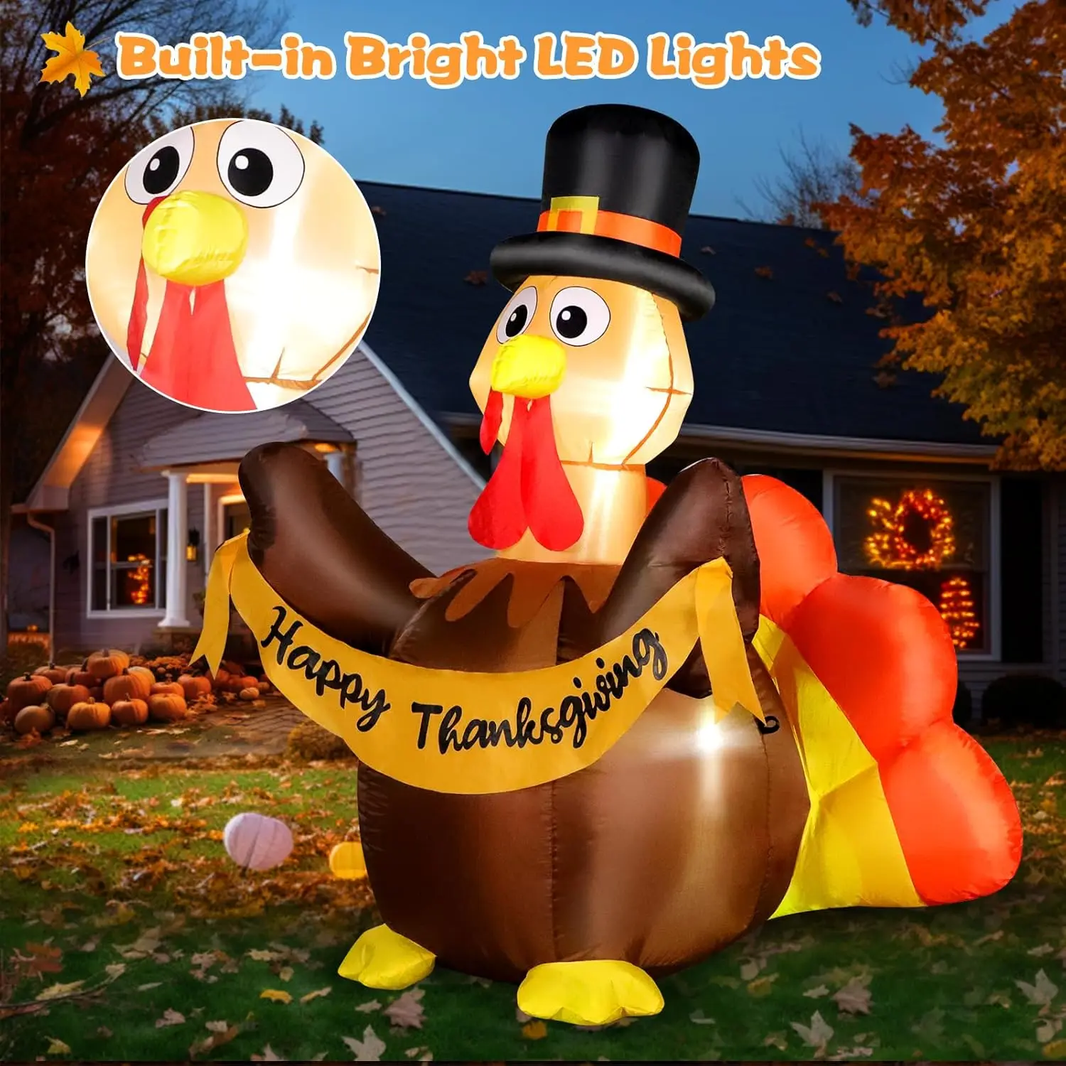 Thanksgiving Inflatables Turkey Outdoor Decoration 4.5 Ft Tall Blow up Turkey with Pilgrim Hat LED Lights