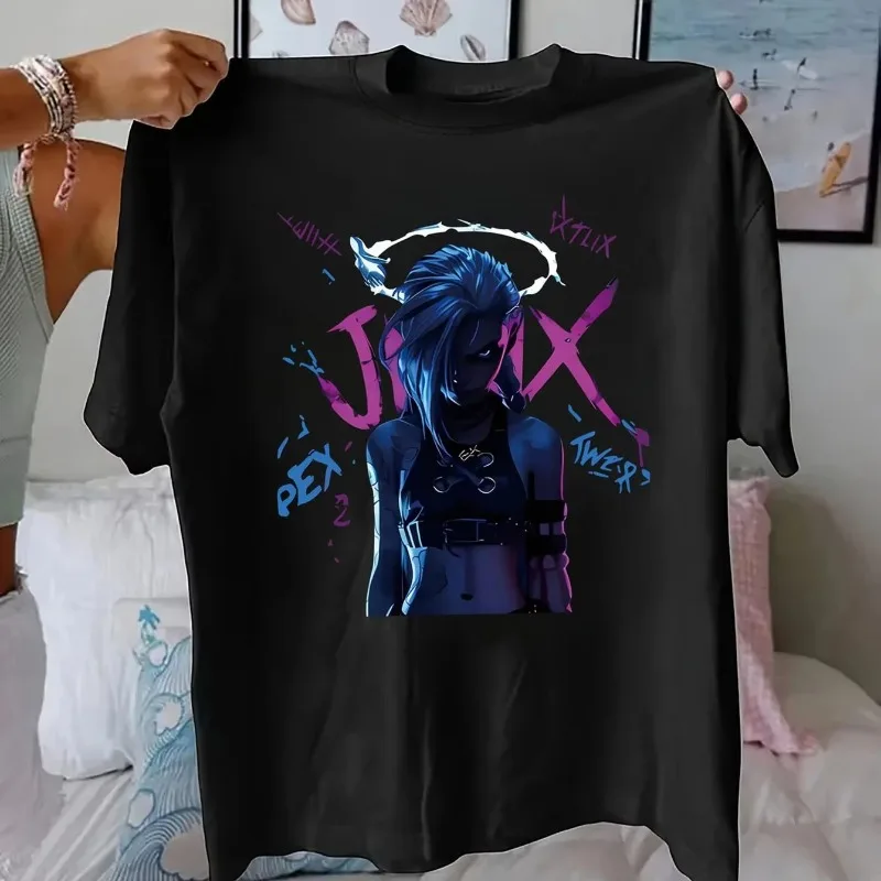 Suitable for Anime and Game Fans Holiday Gift Fashion Casual Versatile Jinx Character T-Shirt Cartoon Style with Neon Colors