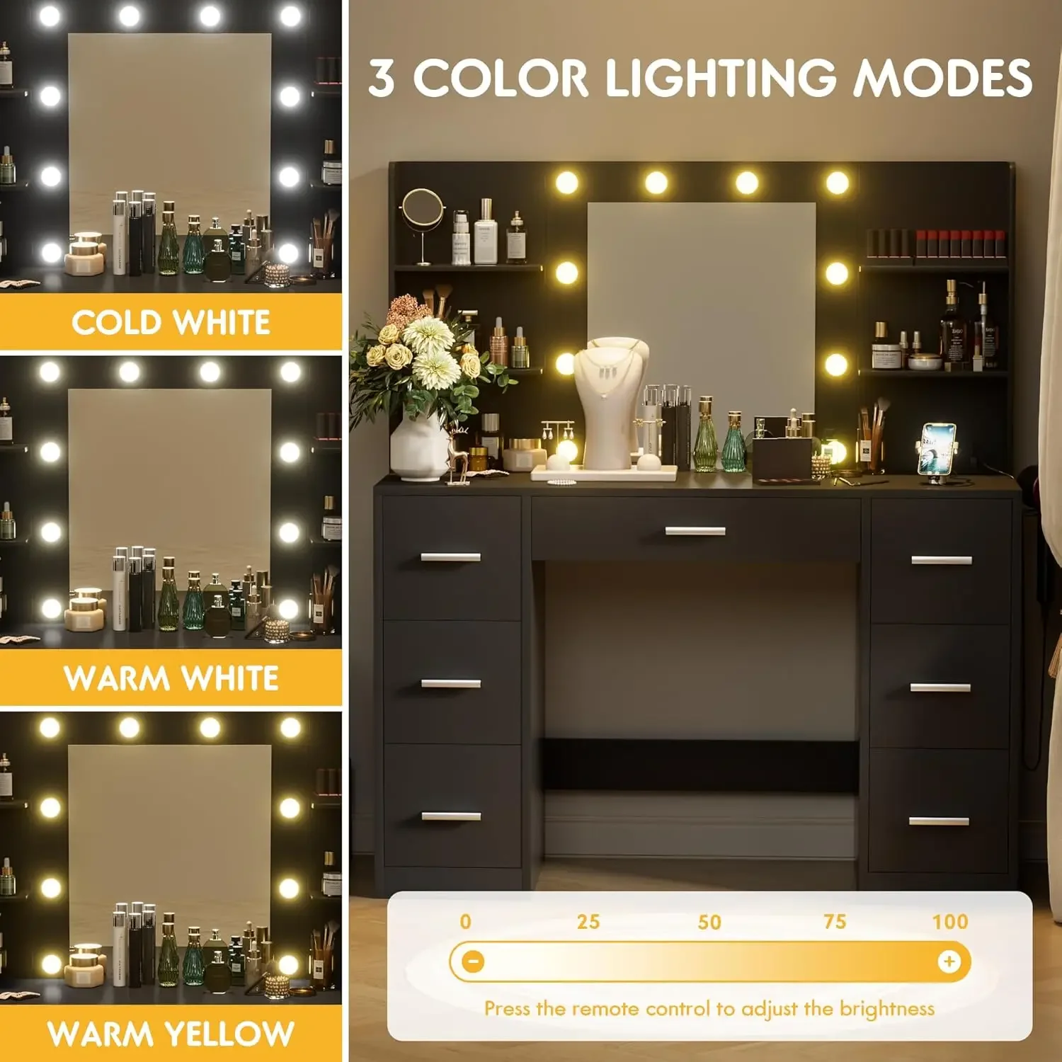 Vanity Desk with LED Lighted Mirror&Power Outlet, 3 Model Lights Makeup Vanity Table with 7 Drawers and 6 Storage Shelves image 3