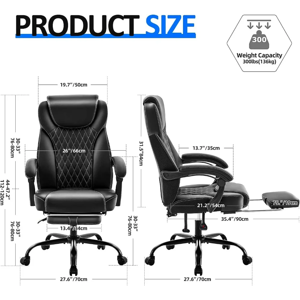 Big and Tall Office Chair with Foot Rest Ergonomic Home Office Desk Chairs Reclining High Back Leathe