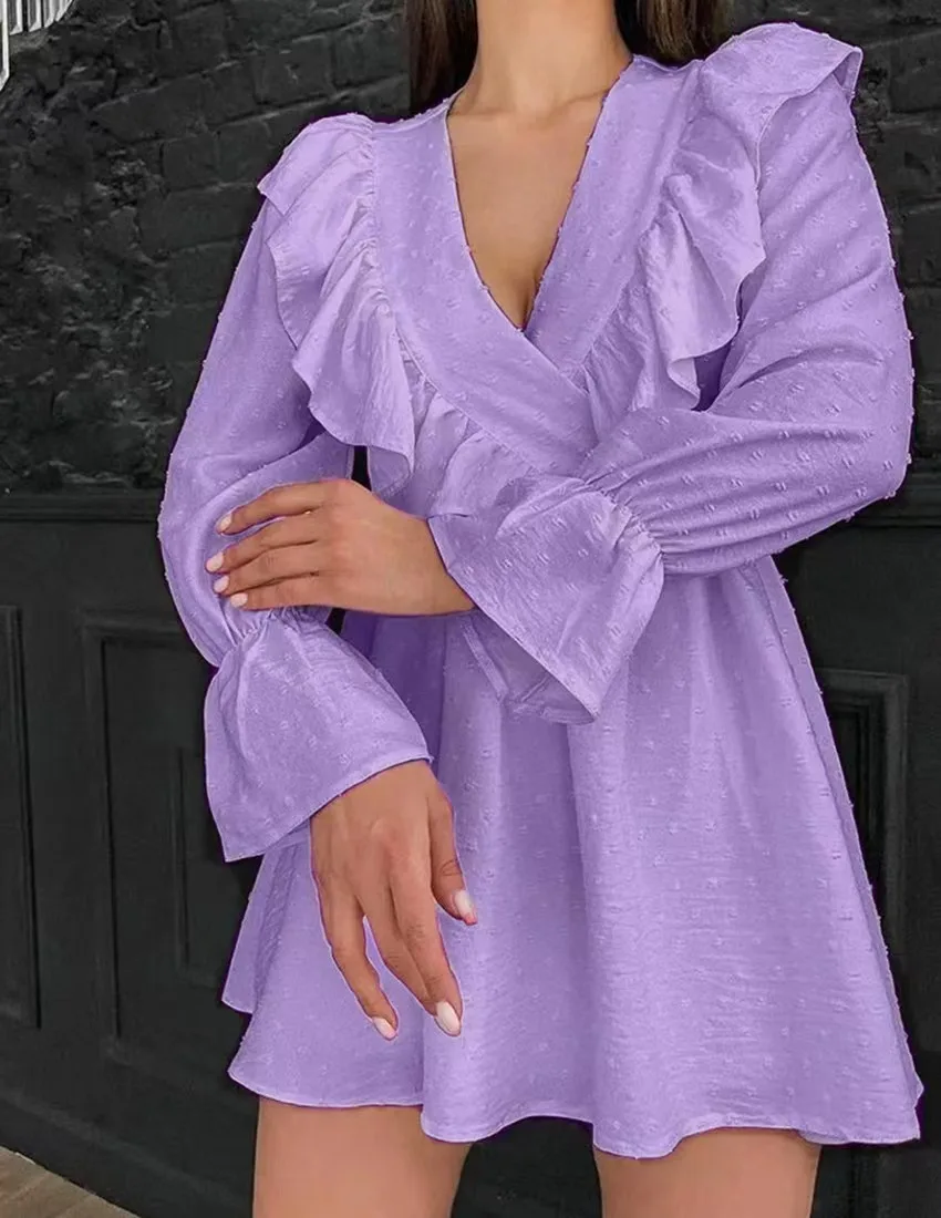 Ele A-Line Dr con finiture in pizzo V-Ne Bubble Sve Gonna lunga Sve ort Colore puro Chiusura a vita alta Dr da donna