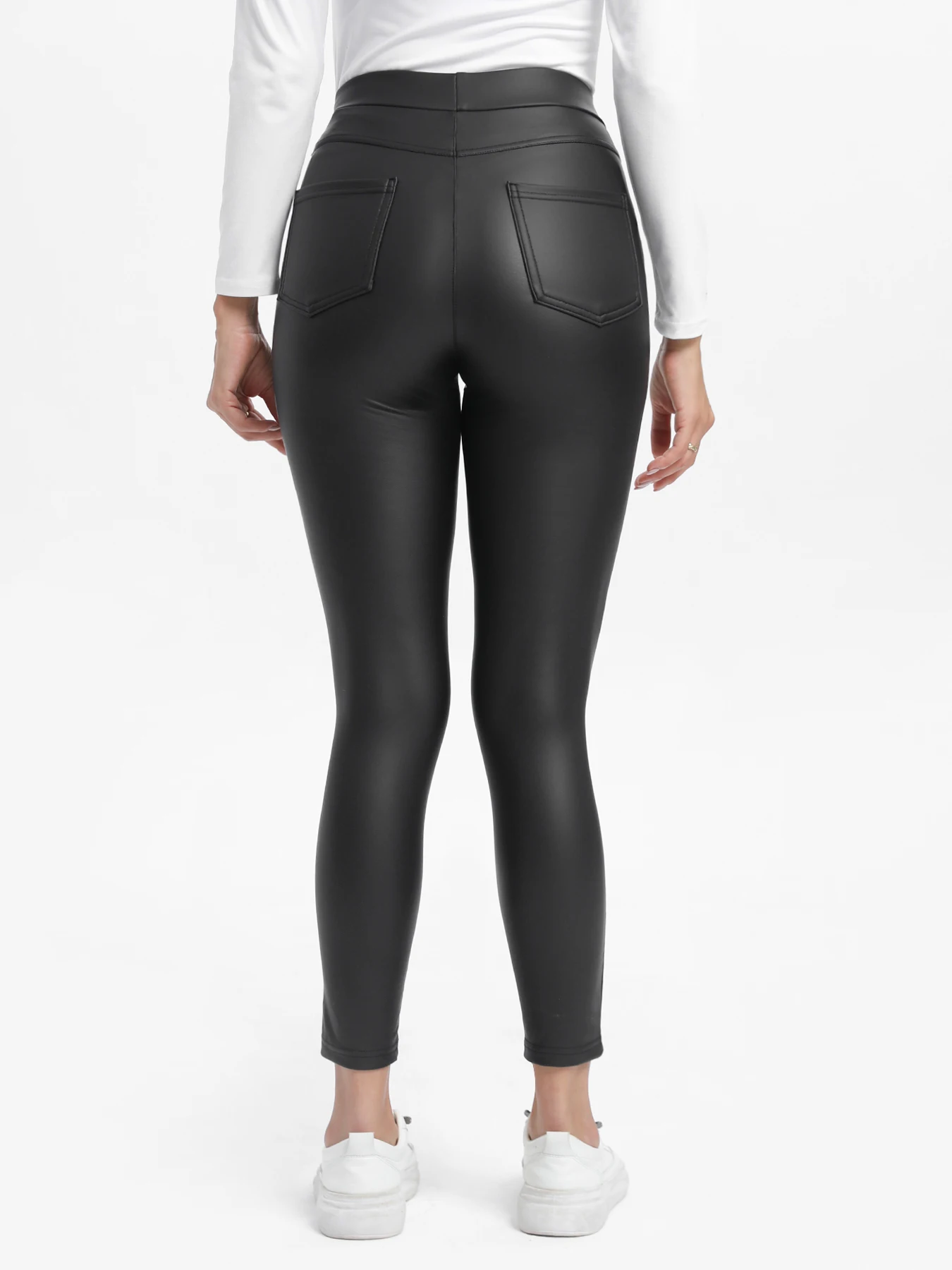 กางเกงเลกกิ้งหนังเอวสูงบุขนแกะสีดำสำหรับผู้หญิง ฤดูใบไม้ร่วง ฤดูหนาว  ยืดหยุ่นสูง กระชับรูปร่าง ใส่เป็นชั้นในได้