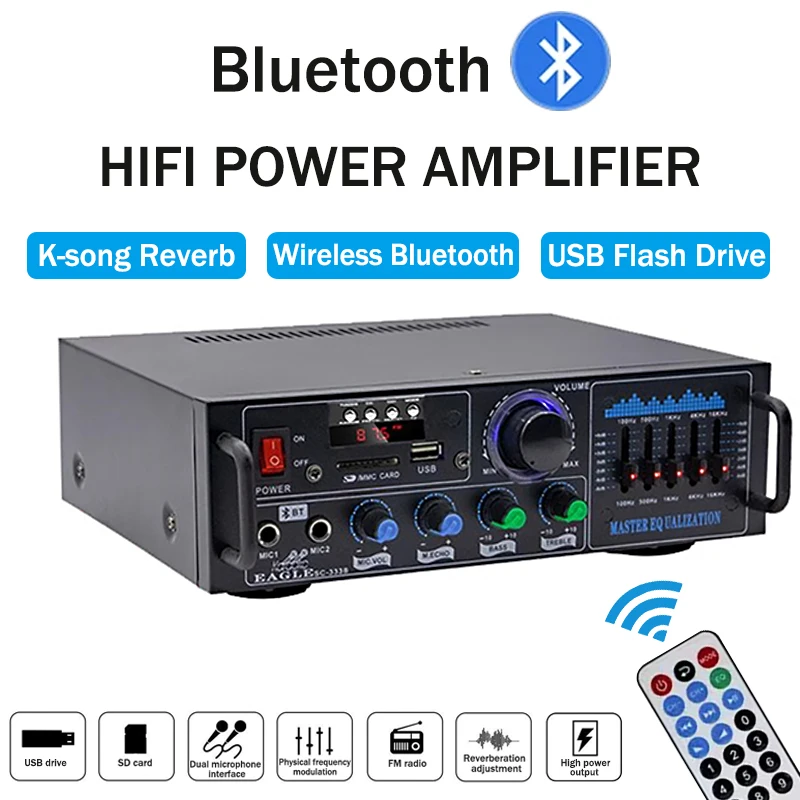 Home Power Amplifier 2.0 Channel Bluetooth Bass & Treble Sound Amp HiFi Digital Audio Amplifiers Dual Mic FM USB SD Remote