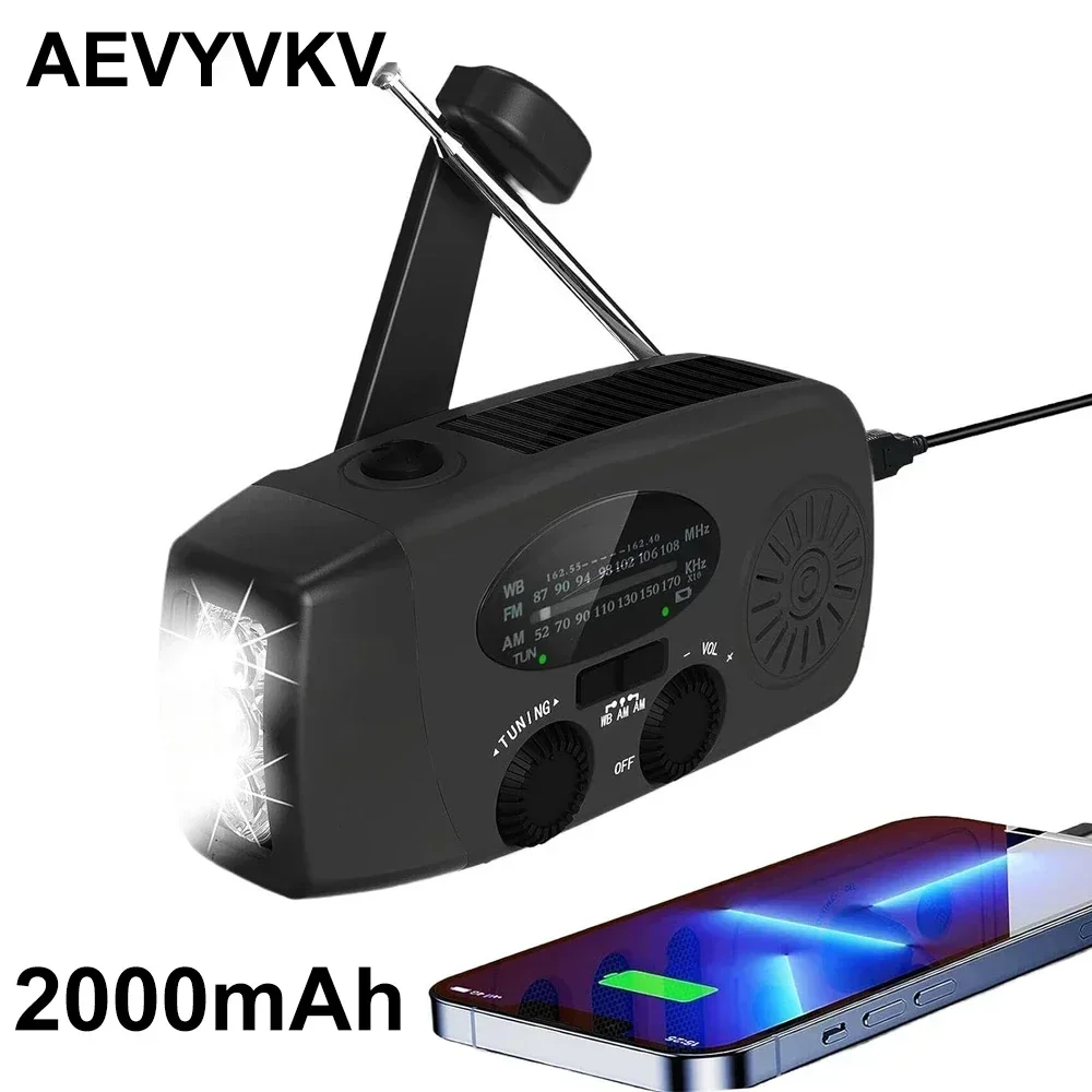 

Emergency Radio Hand Crank Solar USB (FM/ AM/ NOAA) WB Weather Radios with Flashlight Power Bank Black Radios Portatil Am Fm