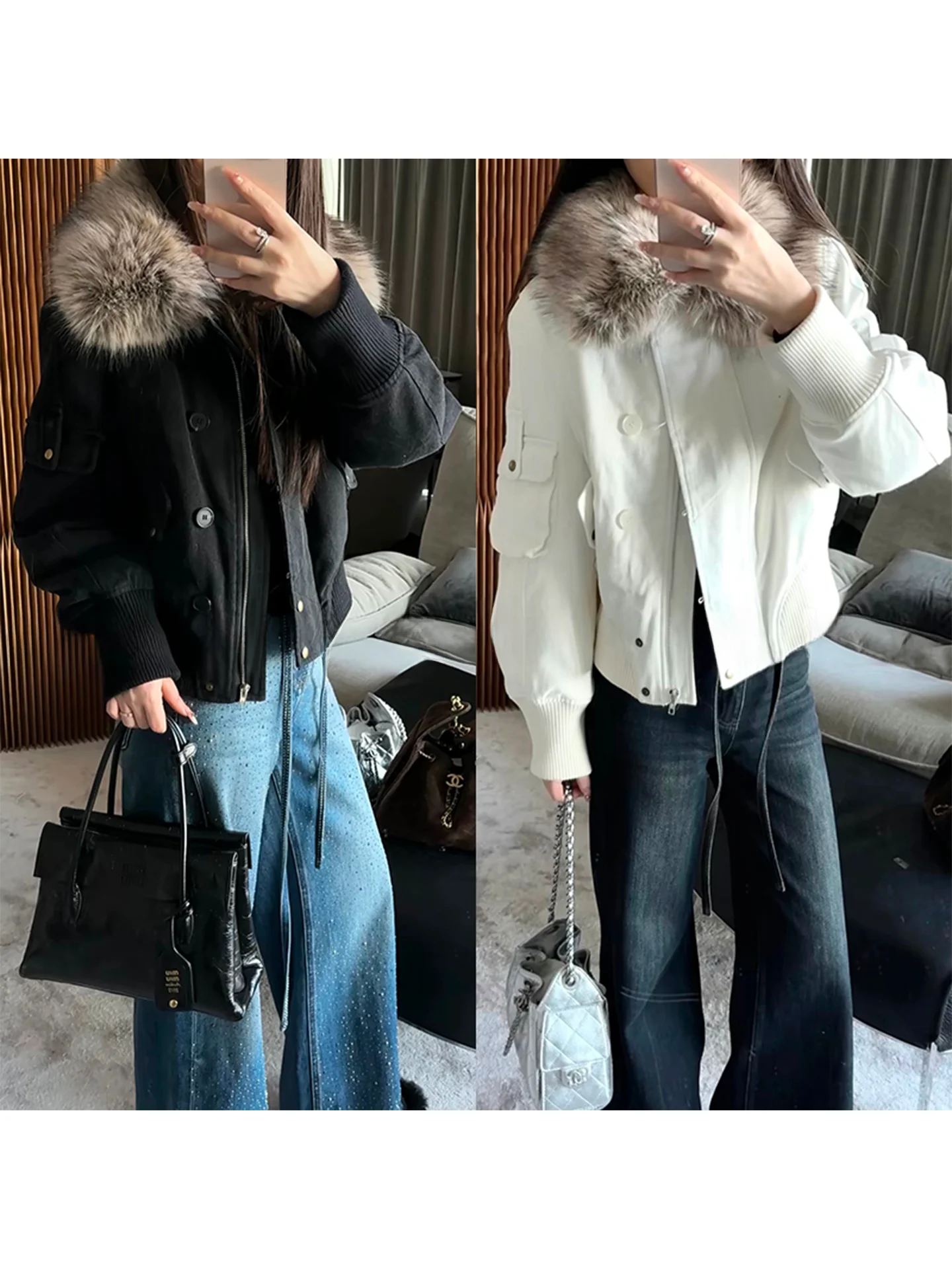 

Утепленная пуховая куртка Mimius Retro с большим меховым воротником, теплая, с длинными рукавами, на молнии, белая, из утиного пуха.