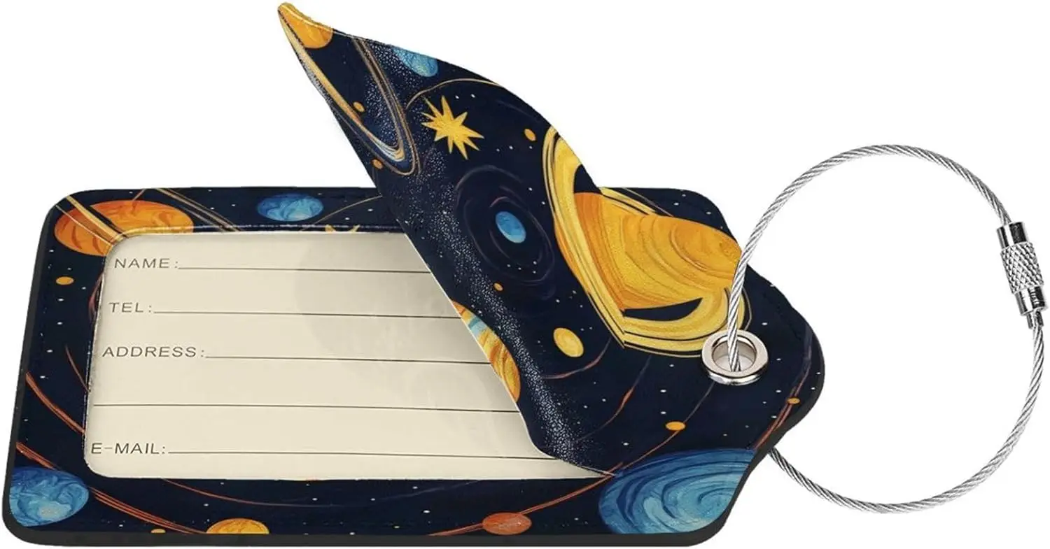 Leather Luggage Tags for Suitcase Solar System Planets Pattern 2 Pack Travel Name Tags with Stainless Steel Loop