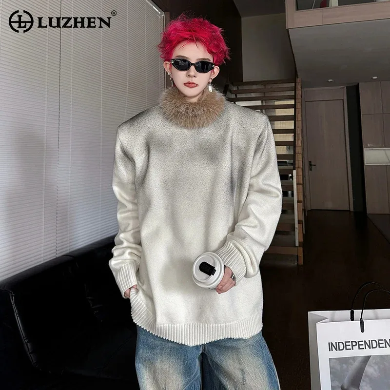 

LUZHEN оригинальные персонализированные меховые лоскутные воротники с принтом и галстуком, вязаные футболки с длинными рукавами, мужская зимняя модная одежда 2025 года, JY5018