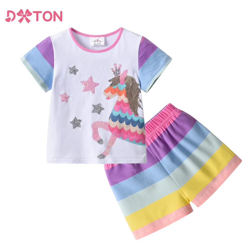 DXTON 2pcs Suits For Girls Short Sleeve T-shirts & Shorts Summer Toddler Clothing Set Unicorn Appliqued Tops with Rainbow Shorts