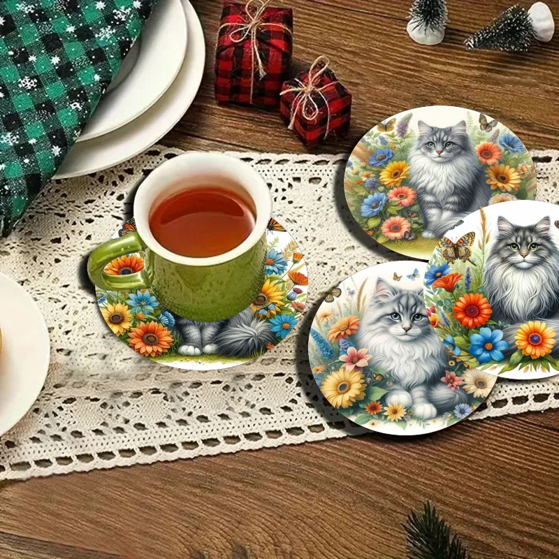 4 Cat print coasters, suitable for daily family party decoration, kitchen, office, non-slip wooden coasters, holiday gifts