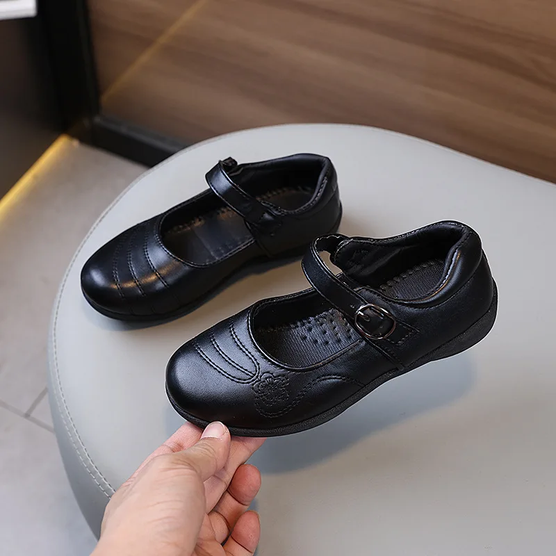 

Spring Autumn Kids Black Uniform Shoes Embroidered Perform Mary Jane Shoes for Girls Non-slip School Children's Leather Shoes