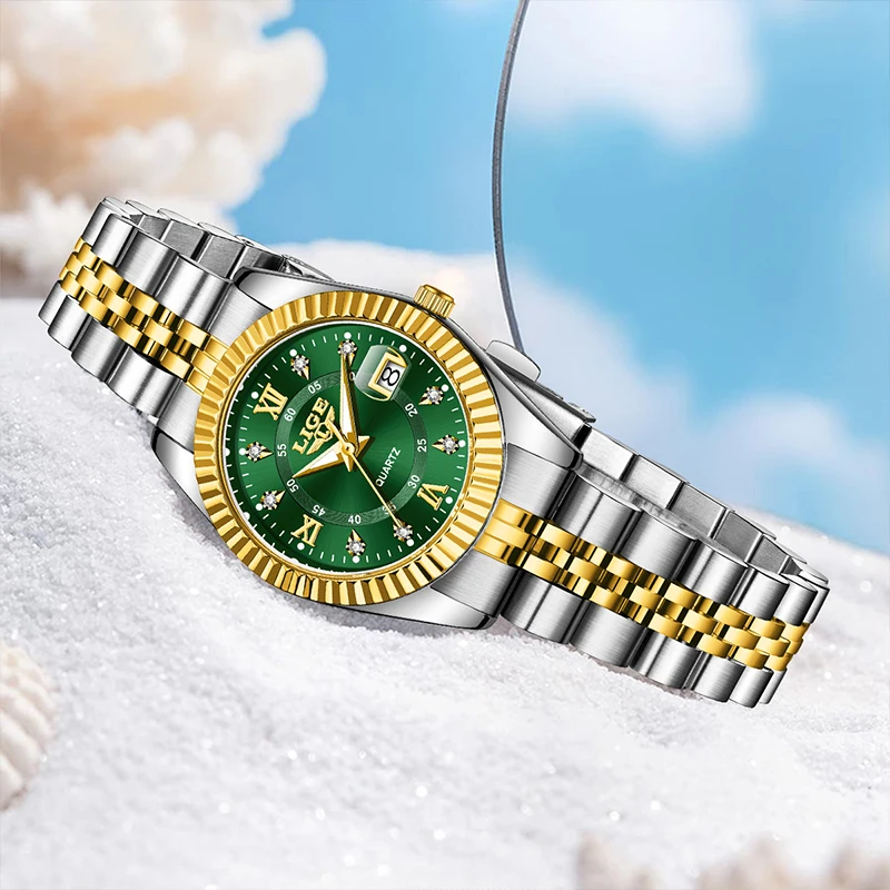 LIGE 2025 ساعات نسائية أنيقة على الموضة مقاومة للماء بتقويم للسيدات ساعة فاخرة بحزام من الفولاذ المقاوم للصدأ للنساء relogio