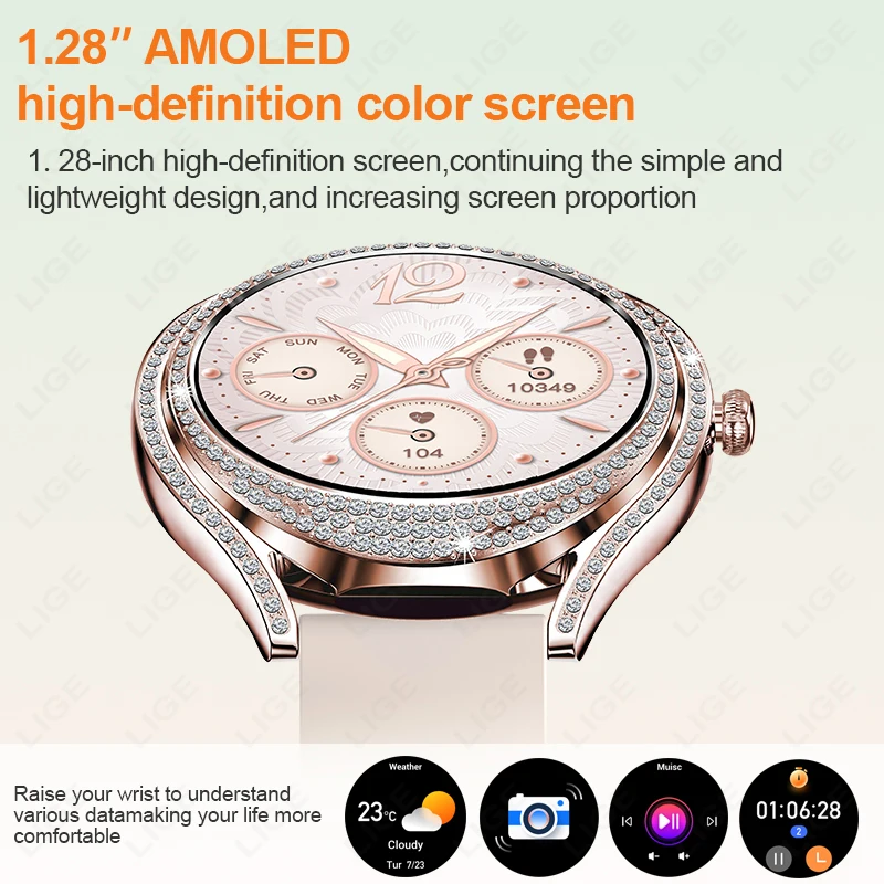 LIGE New Women Smart Watch 1.28 Inch Sports Fitness Bracelet BT HD Calling Clock Waterproof Diamond Case Fashion Smartwatch 2024