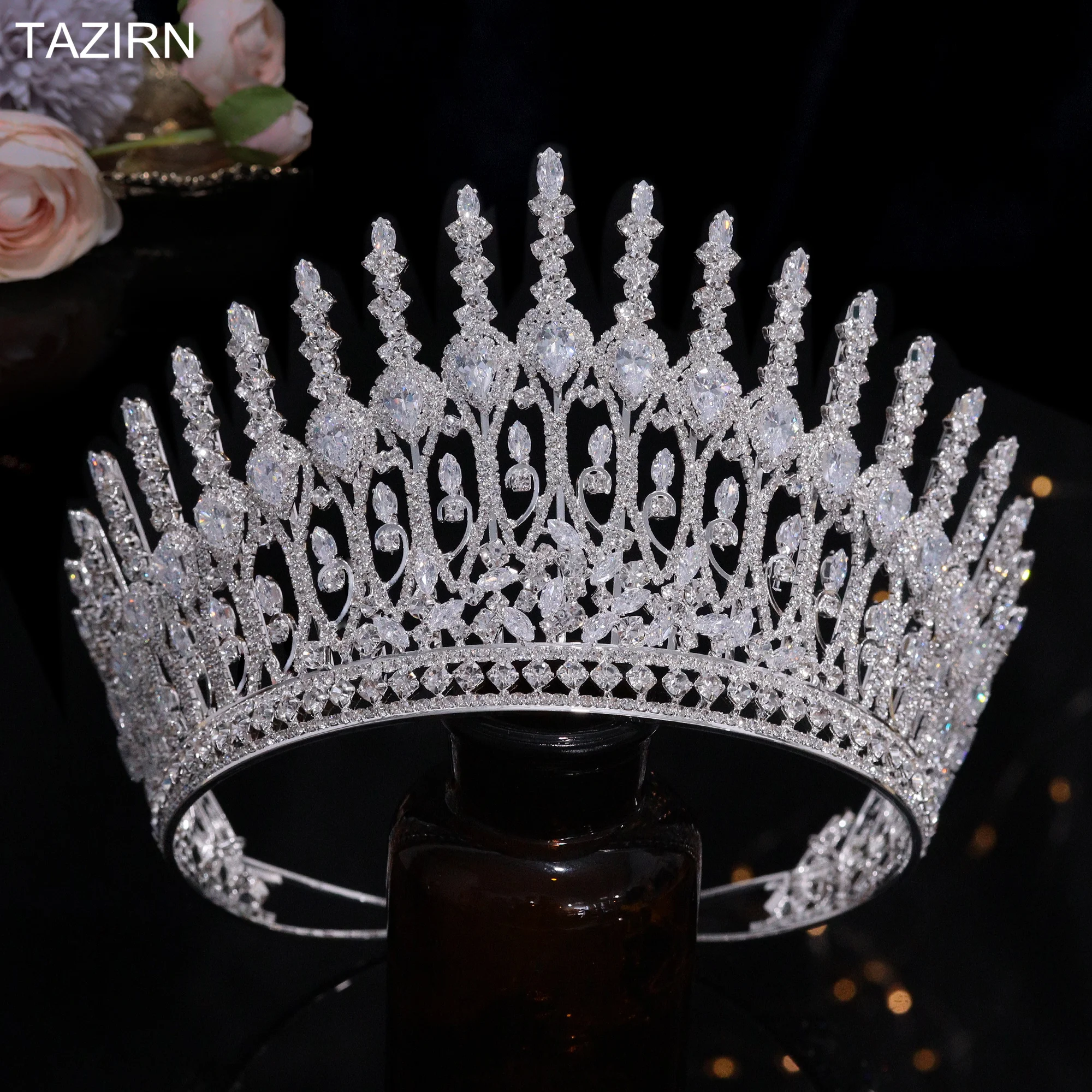 

TAZIRN 5A Cubic Zirconia Wedding Bride Big Crowns Arabic Dubai Luxury Silver Plating Crystal Tall Tiaras for Women CZ Headwear