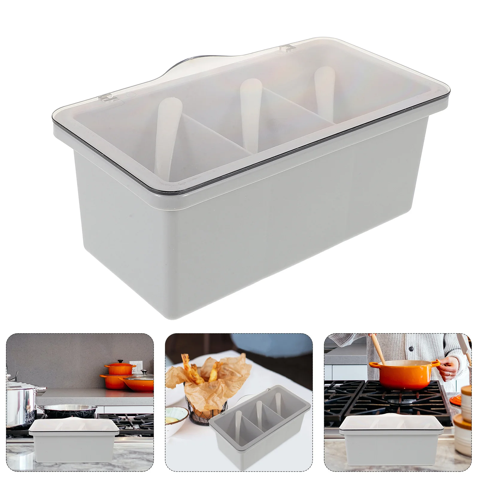 

3-Grid Condiment Box Multi-Compartment Seasoning Storage with Lids Spoons for Kitchen Picnic Travel Salt Pepper Sugar Organizer