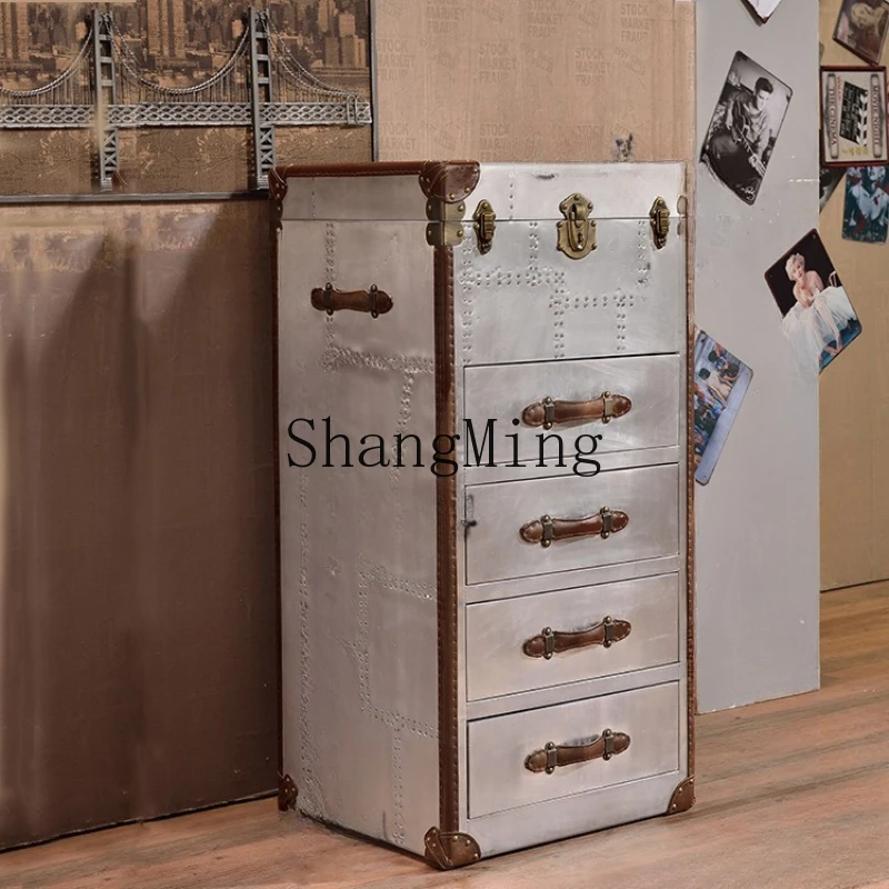 

FG rural four-chest cabinet industrial style aluminum leather rivets metal retro old edge hotel storage cabinet