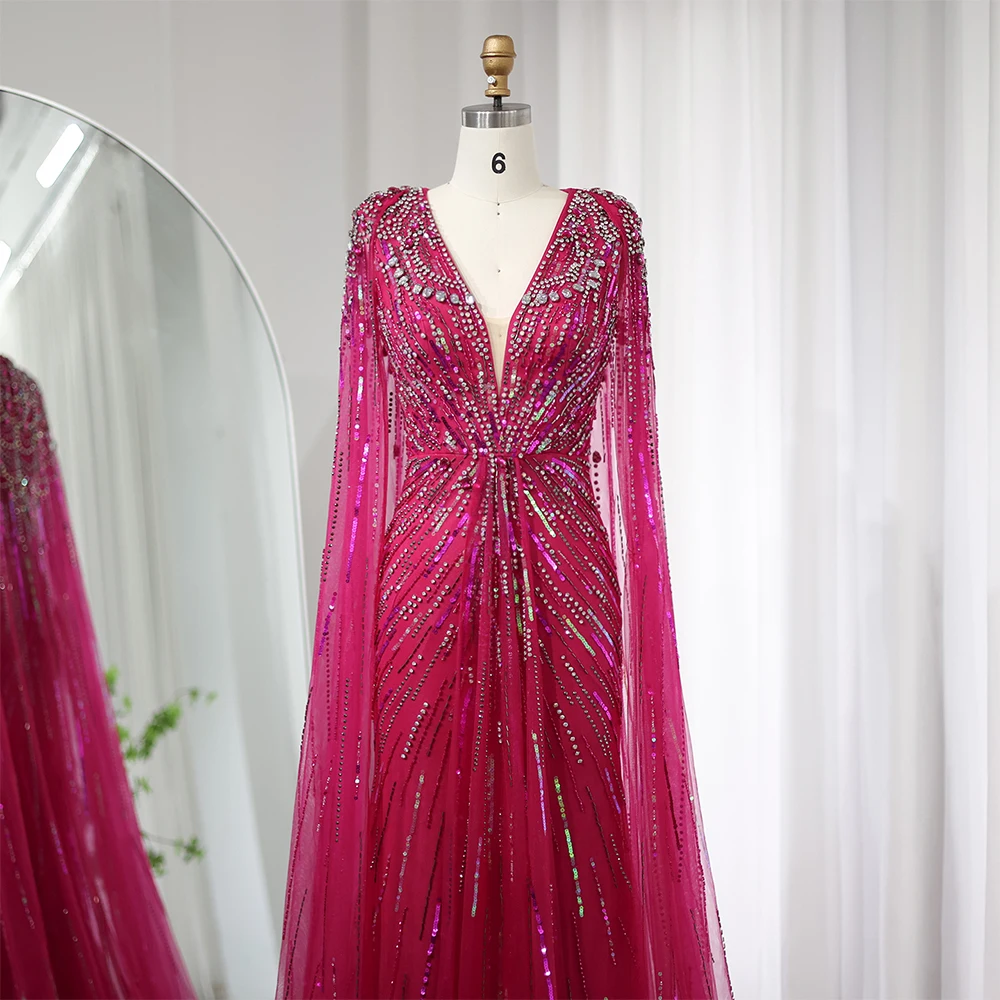 Elegant V-neck uxury Dubai Green Evening Dresses With Cape Fuchsia Crystal Gold Women Wedding Party Gowns Customized فساتين سهرة