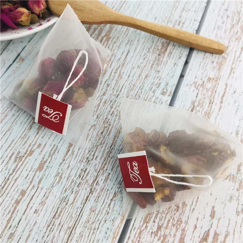 100pcs Pyramid Tea Bag Filter Nylon Tea Bag Single String Label Transparent Empty Disposable Nylon Tea Infuser Bag Gifts