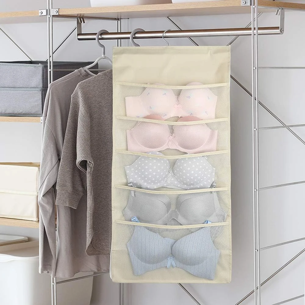 Organisateur de soutien-gorge suspendu pour placard, 1 pièce, avec cintre rotatif en métal, étagère murale double face, poches en maille pour garde-robe, sac de rangement suspendu