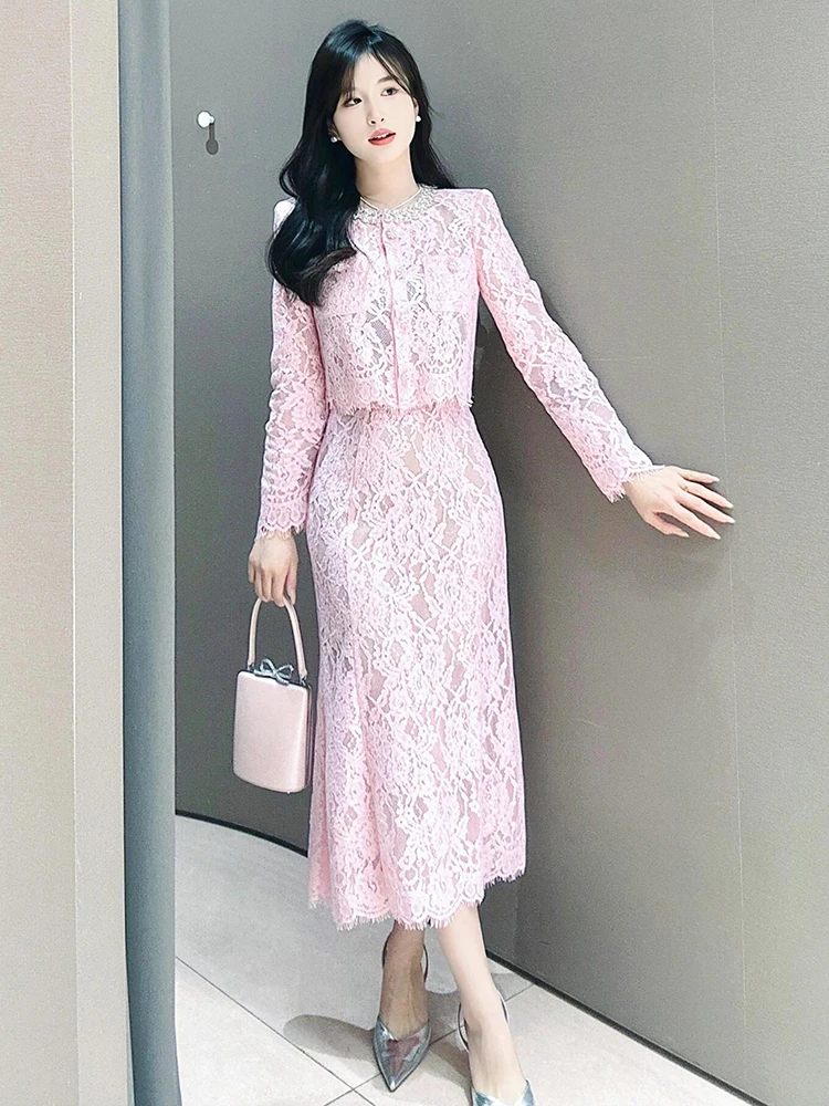 

Luxury Summer Faion Set with Lace irt And Diamond Embellied Skirt for Women in Ages 25-35 Polyester Fiber Long Sle...