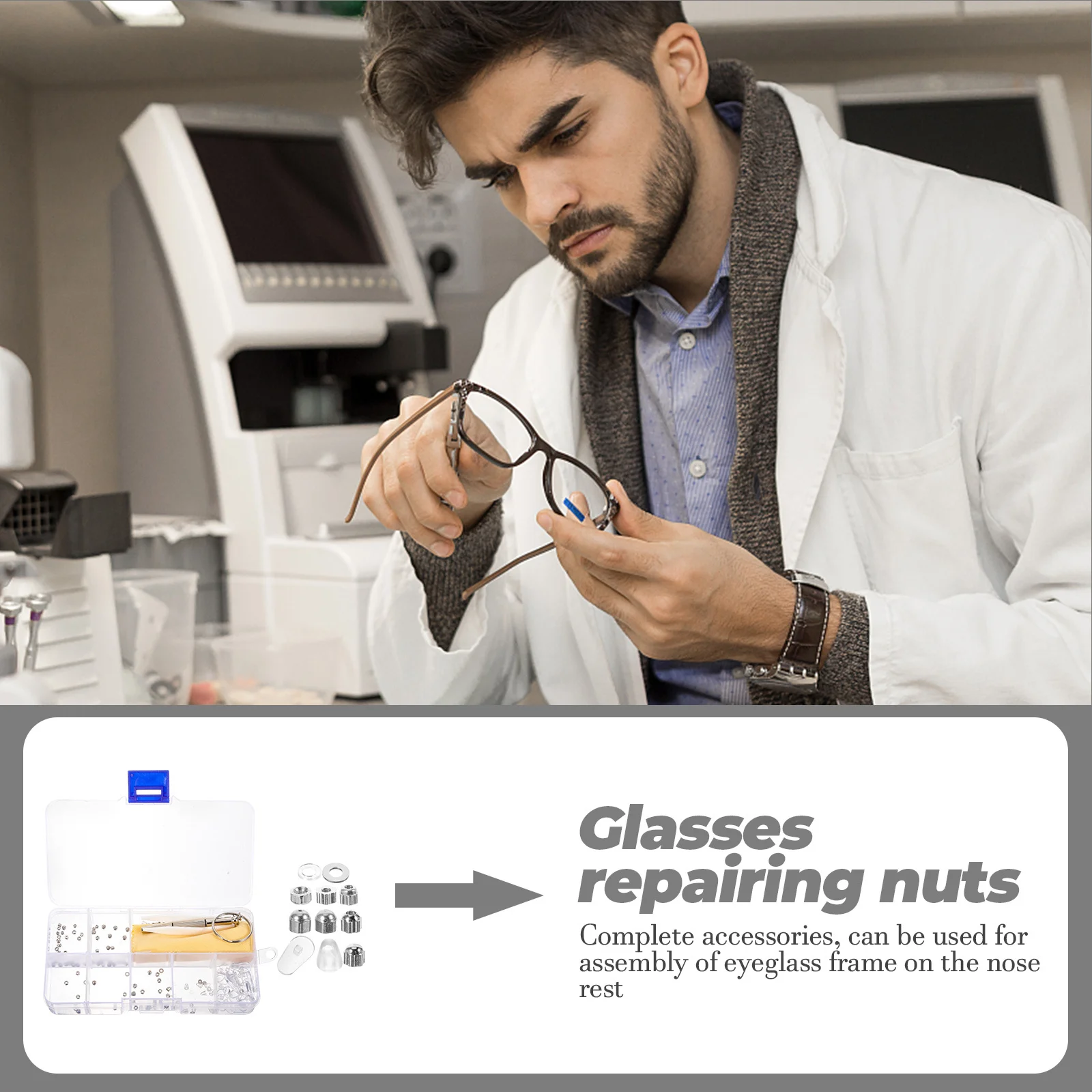 

1Set Eyeglasses Repair Kit Travel Sunglasses Screws Nuts Replacement Parts Sturdy Material Storage Box Glasses Repair Kit