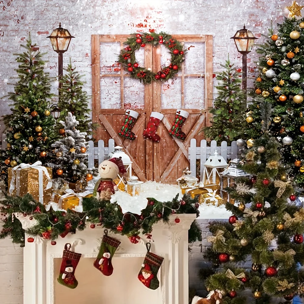 Christmas tree background photography cloth, antique wooden door gifts New Year holiday party photo studio props