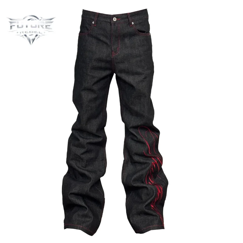 

Mens Jeans Tattoo Letter Embroidery Black Red Denim Pants Harajuku Unisex Straight Leg Slight Flare Casual Streetwear Fashion