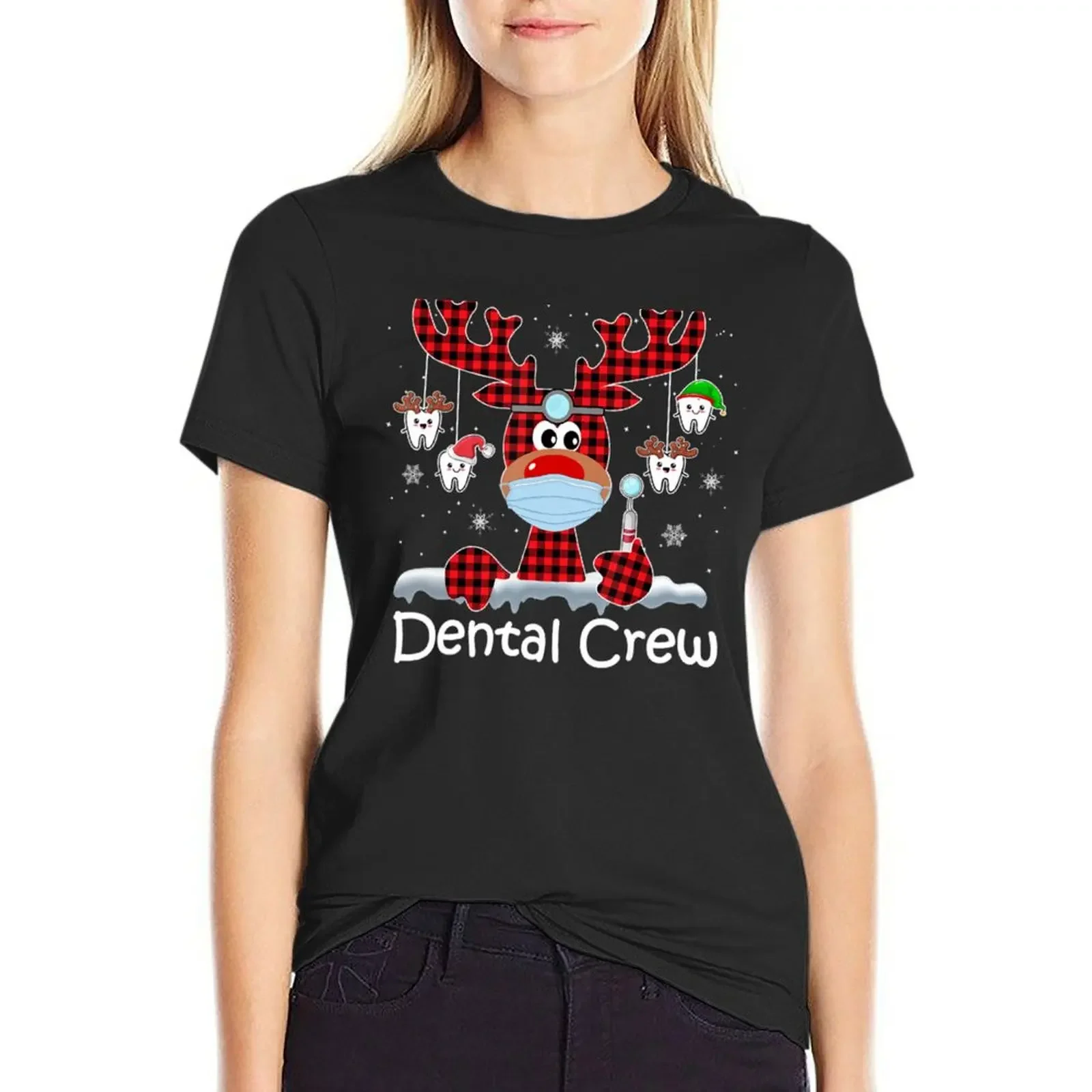 Dental Crew Christmas Light Reindeer Red Plaid T-Shirt summer clothes funny white t-shirt dress for Women sexy