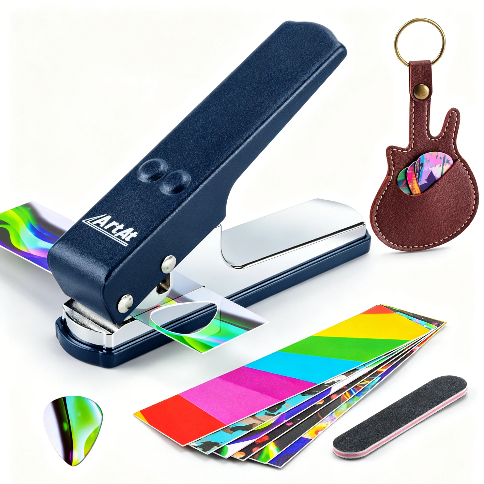 Guitar Pick Hole Puncher Kit for Guitar Players, DIY Guitar Hole Puncher With 5 Colorful Strips, Leather Bag & Sanding Strip