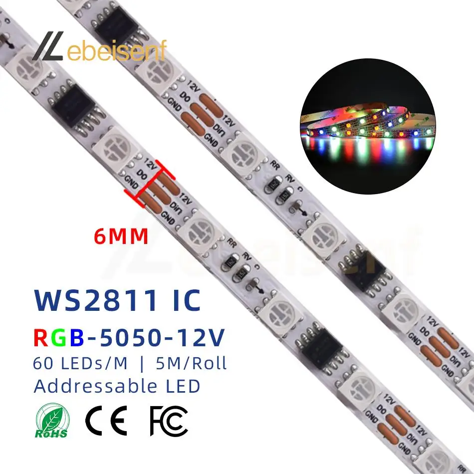 6mm Ultra wąski pasek LED WS2811 12V 60LEDs/M biały elastyczny FCB 5050 RGB magiczny kolor adresowalny podłużna lampa 2811 IC pikseli