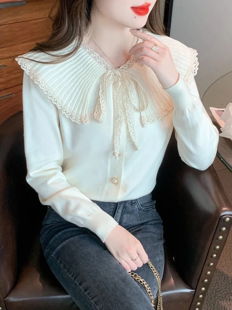 

Knitted Sweaters for Women Lace Smooth Warm Elegant Aesthetic Japanese Style Wear To Work on Promotion Basic Bow Female Pullover