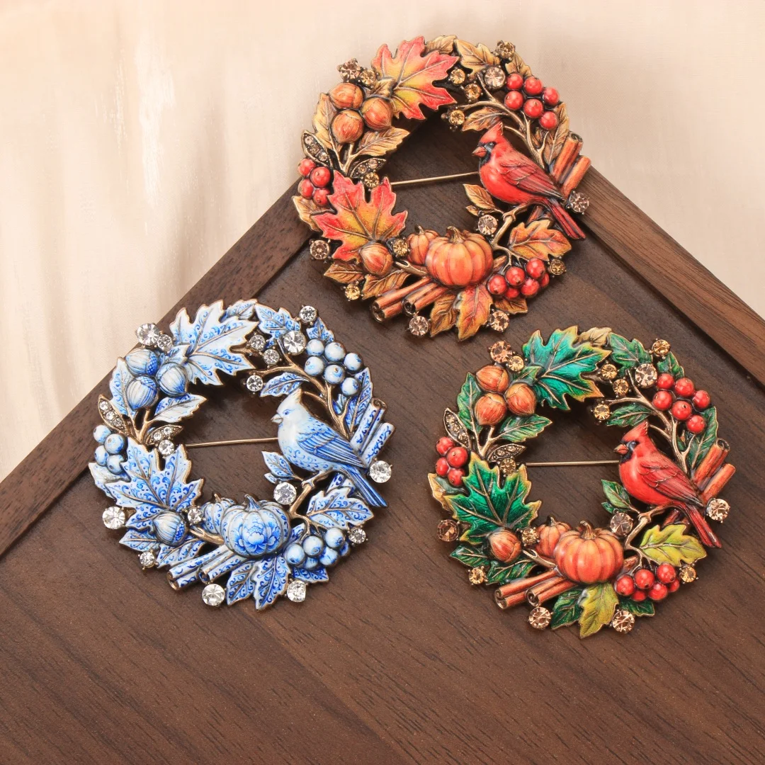 Baroque Luxury Fall/Winter Harvest Magpie Wreath Design Brooch for Men and Women, Jewelry, FashionAccessories, Couple'sPartyGift