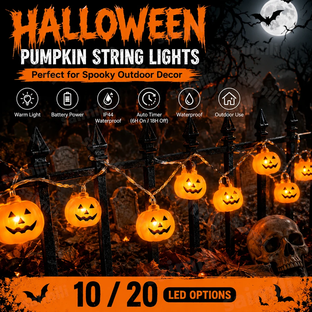 Battery Halloween Pumpkin String Lights 3D Waterproof Spooky Lamp Ideal For Home Holiday Party Holiday Atmosphere Decor Lamp