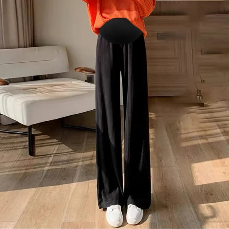 Pregnant Women Pants Knitted Wide Leg Trousers Pring Plush Thickened New Straight Tube Drape Casual Maternity Clothes