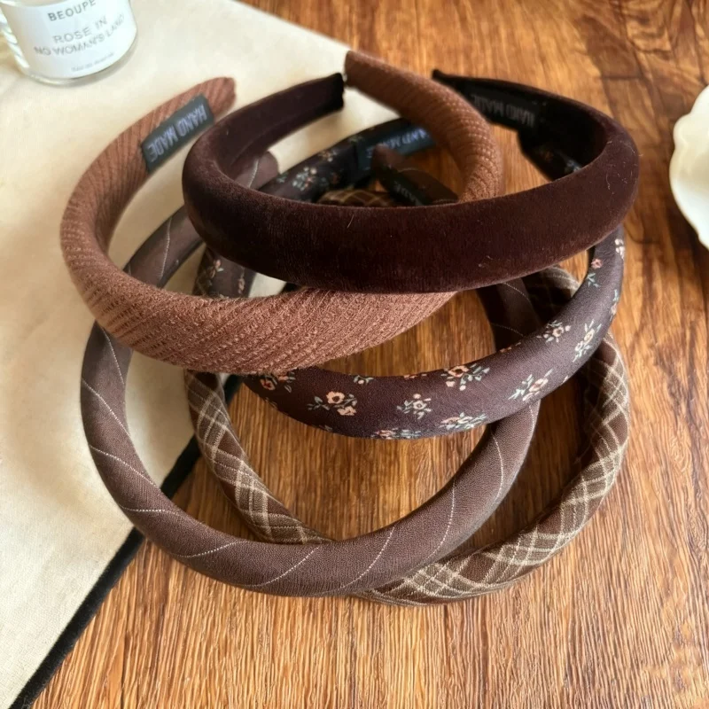 Vintage braune gepolsterte Stirnbänder für Frauen, karierte Blumendruck-Haarbänder, gestrickte Samt-Haarreifen, schlichte Stirnbänder, Zubehör, 1 Stück – Detail 7