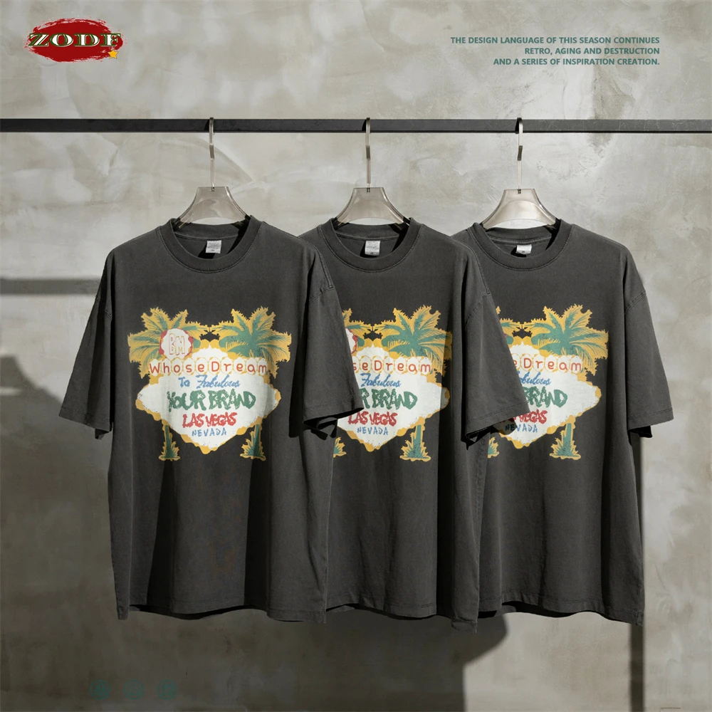 ZODF New Men High Street Washed T-Shirts Unisex Loose Tree Printing 285gsm Cotton O Neck T Shirt For Summer HY0512