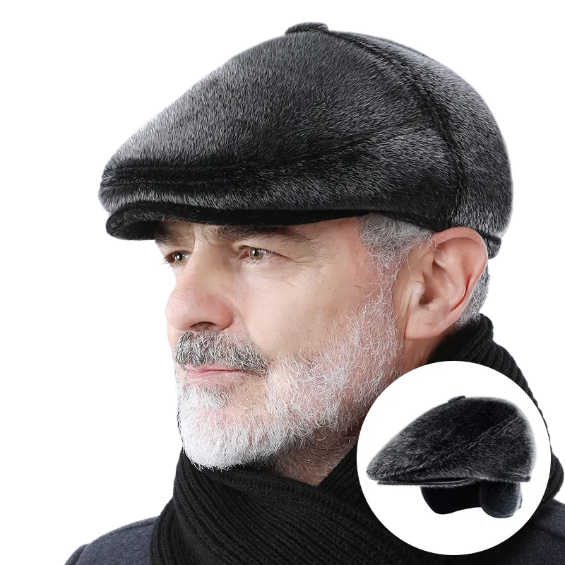 

Winter Faux Mink Fur Newsboy Hat With Earflaps Beret Warm for The Elderly Peaked Cap Bonnet for Old Men Flat Gorras Freeshipping