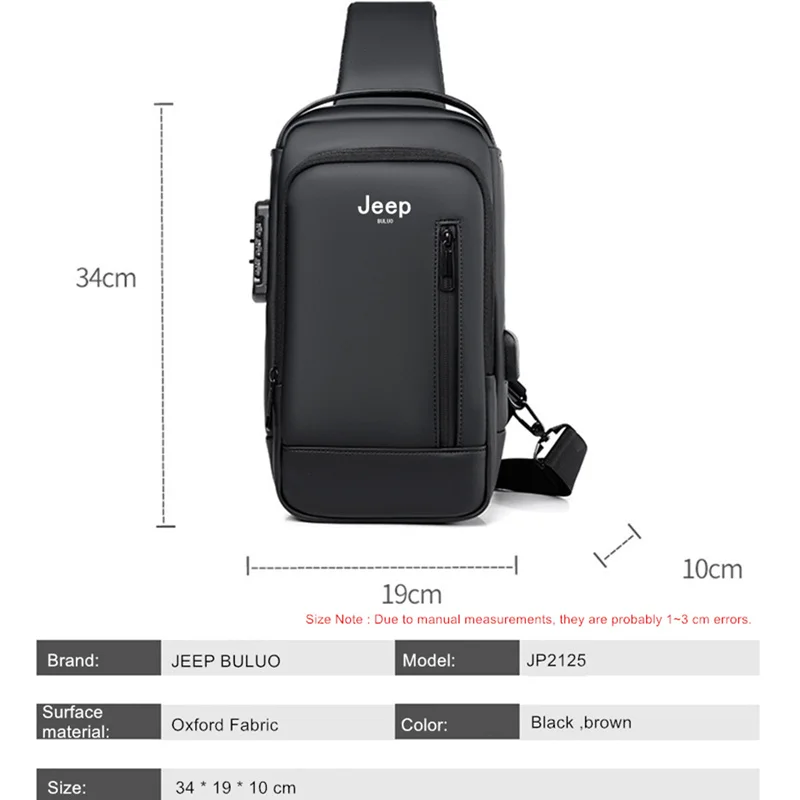 JEEP BULUO Men\'s Waterproof USB Crossbody Oxford Bag Anti-theft Shoulder Sling Bag Short Travel Messenger Chest Pack For Male