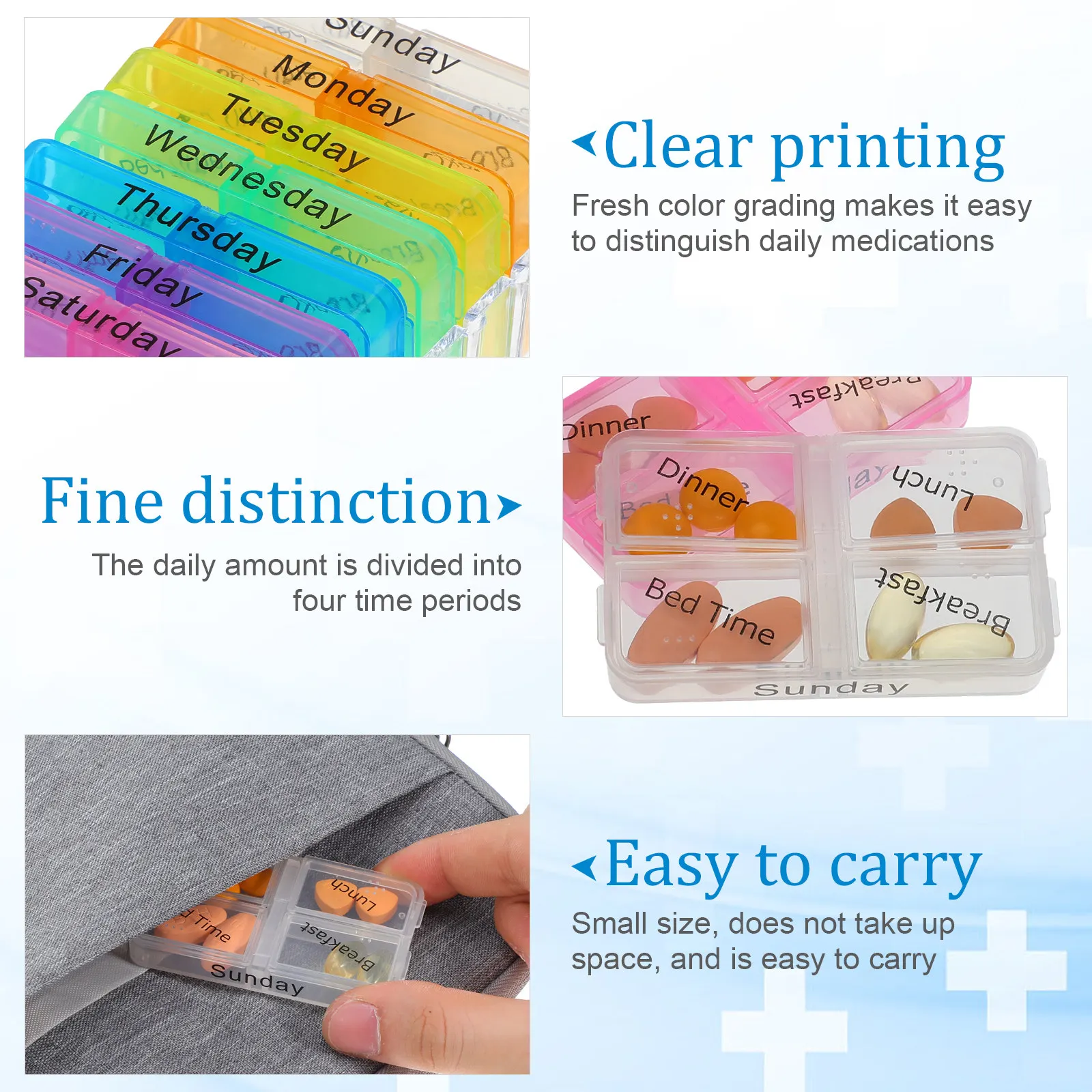 7 Day Weekly Medicine Storage Case Portable Tablet Pill Organizer Box 28 Compartments Drawer Coded Breakfast Lunch