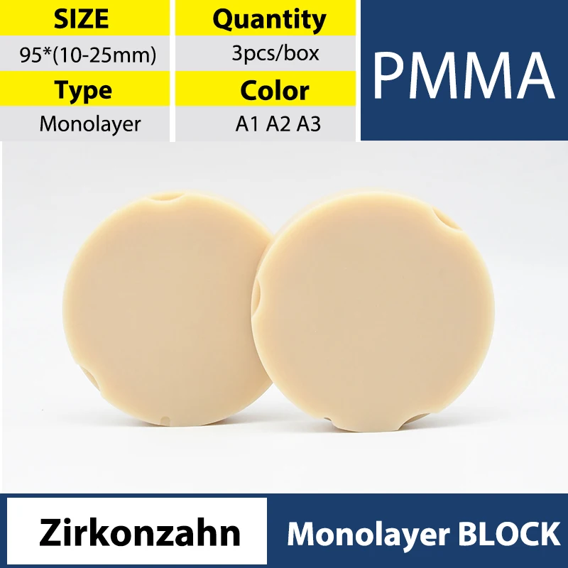 

XANGTECH Dental 3pcs Zirkonzahn Monolayer PMMA Blocks Discs 95mm System Thickness 10-25mm