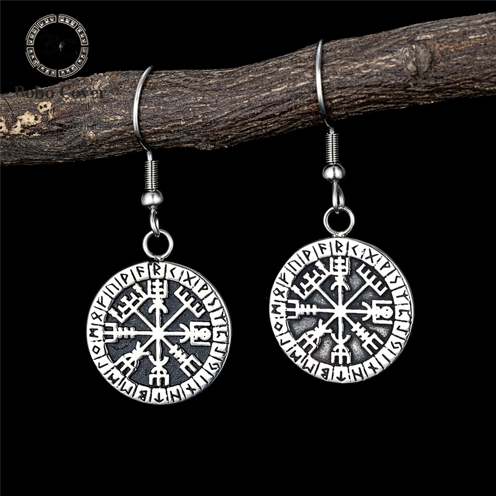 Vikings Runes Vegvisir Drop Earrings Women's Punk Stainless Steel Charm Norse Futhark Amulet Female Ear Pendant Vintage Jewelry