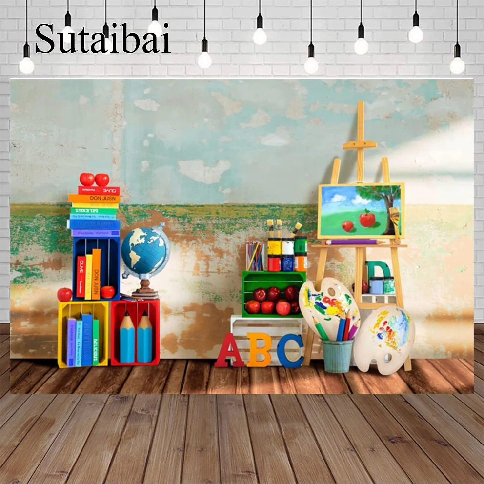 Back To School Backdrops Books Stationery Drawing Board Booth Background Watercolor Painting Wall Love Study Props Backdrop