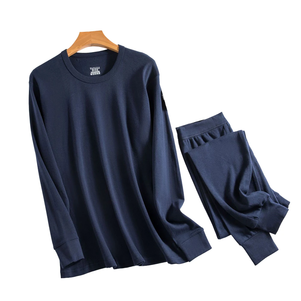 Celana dalam panjang katun + poliester pria, Set pakaian dalam termal leher O atas bawah warna Solid cocok untuk musim gugur/musim dingin