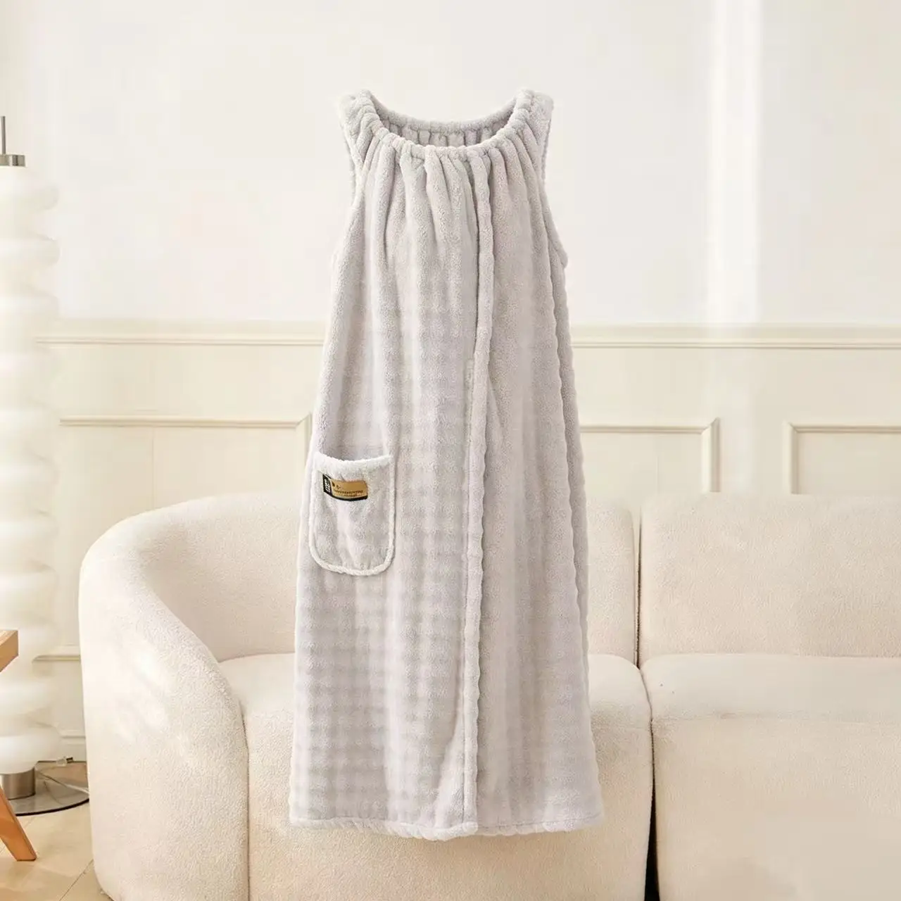 Soft Plush Wearable Bath Towel Dress For Women Adults, Sleeveless Quick Dry Absorbent Wrap Skirt With Pocket Home Bathroom