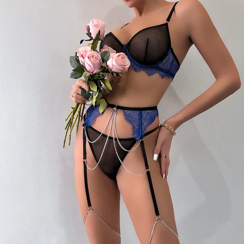 Lingerie sexy tecido de renda costura contraste cor sexy push up transparente conjunto de três peças com corrente