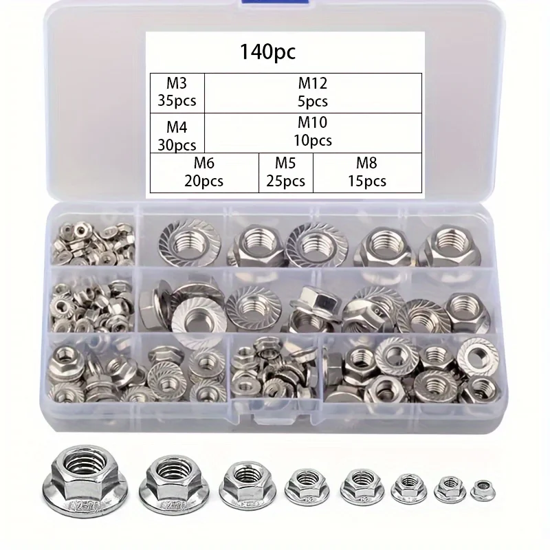 140pcs Flange Nut Hexagon Fastening Nut Anti-Slip Tooth Flange Cover M3 M4 M5 M6 M8 M10 M12