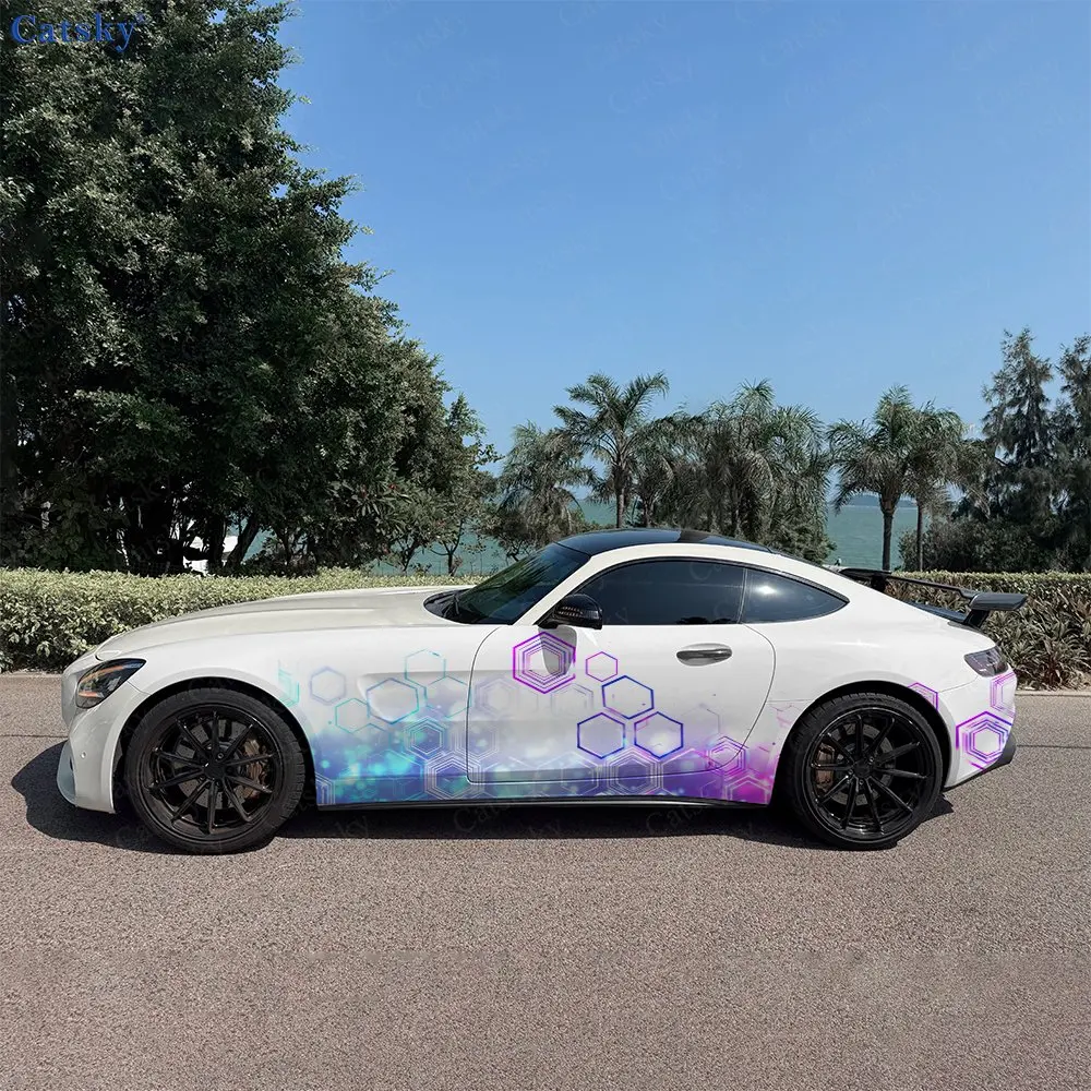 2Pcs Cyber Tech Hexagon Starry Car Side Wraps, Self-Adhesive PVC Waterproof & Scratch-Resistant Stickers, Car Accessory Gift