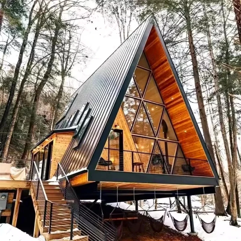 منزل مثلث جاهز المقصورة وحدات فيلا إطار فولاذي بناء منزلي صغير التخييم كوخ شاليه منتجع #3