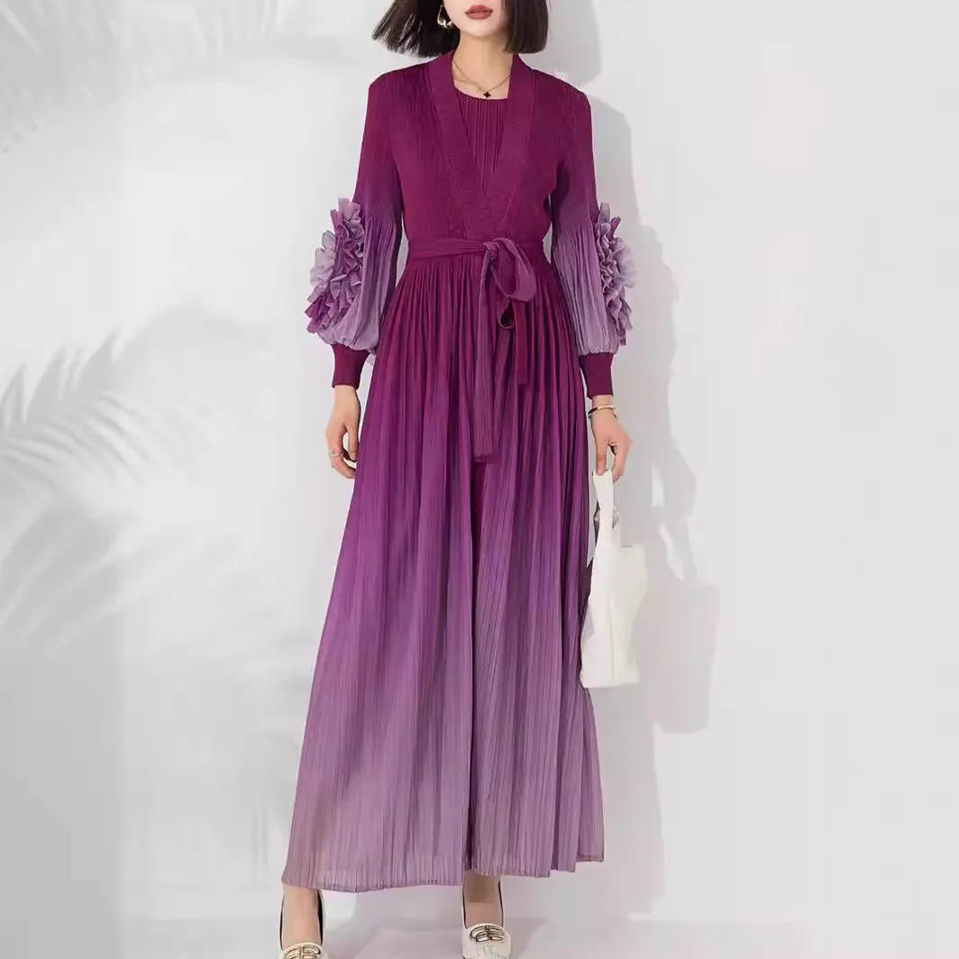 Pleats Pleated Original Fashion Set Women's Gradient Color Plate Flower Long Section Outer Cloak Inside The Dress Two-piece Set