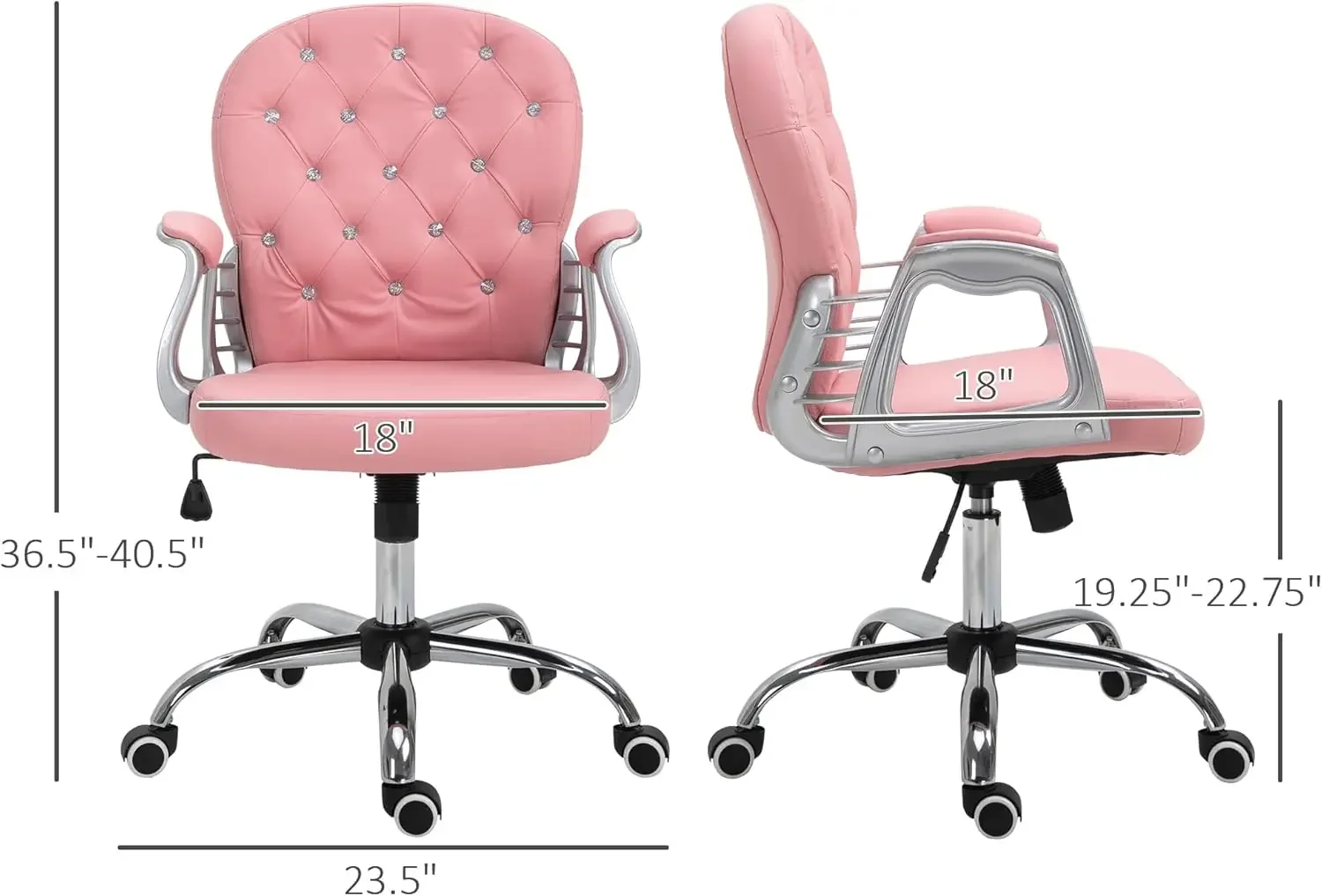 Silla de oficina en casa de cuero PU, silla de escritorio capitoné con botones y reposabrazos acolchados, altura ajustable y ruedas giratorias, rosa