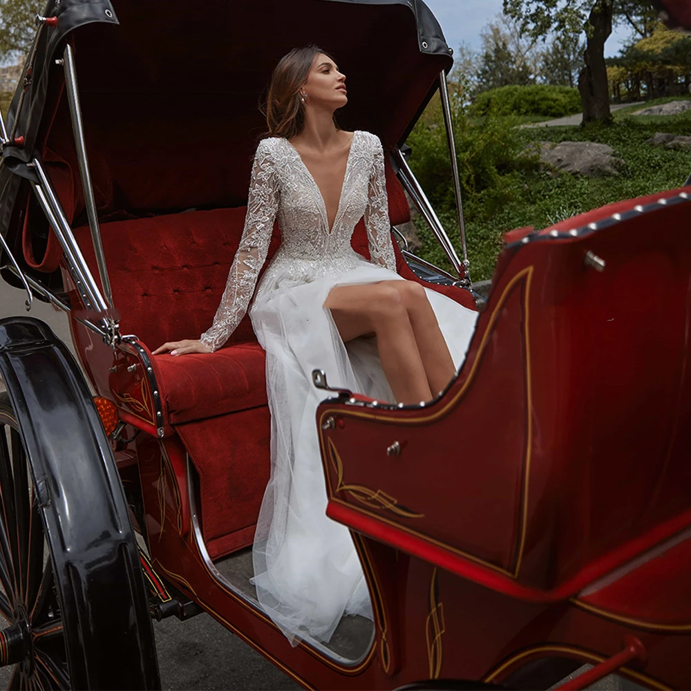 Flavinke-Robe de Mariée Trapèze à Col en V, Manches sulf, Appliques en Dentelle, Fente Latérale Haute, Dos aux, 2024